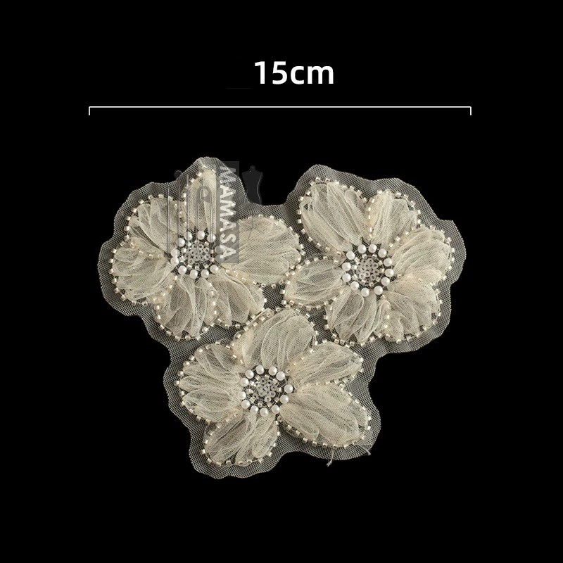 Shimmery Sequin Lace Appliqué — Pearl Embroidery with Tulle Floral Patch