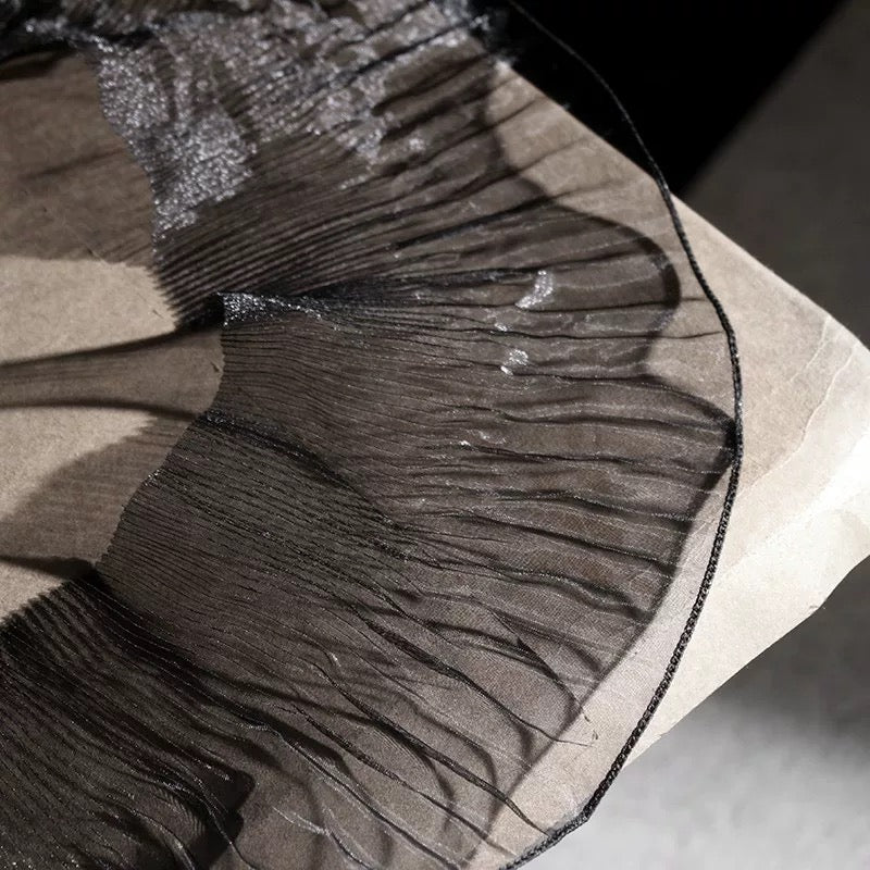 Enchanted Mermaid Organza – Iridescent Gradient with 3D Pleats & Scalloped Lace - Black