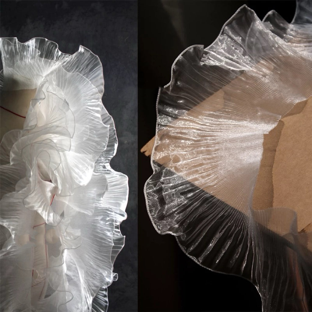 Enchanted Mermaid Organza – Iridescent Gradient with 3D Pleats & Scalloped Lace - White