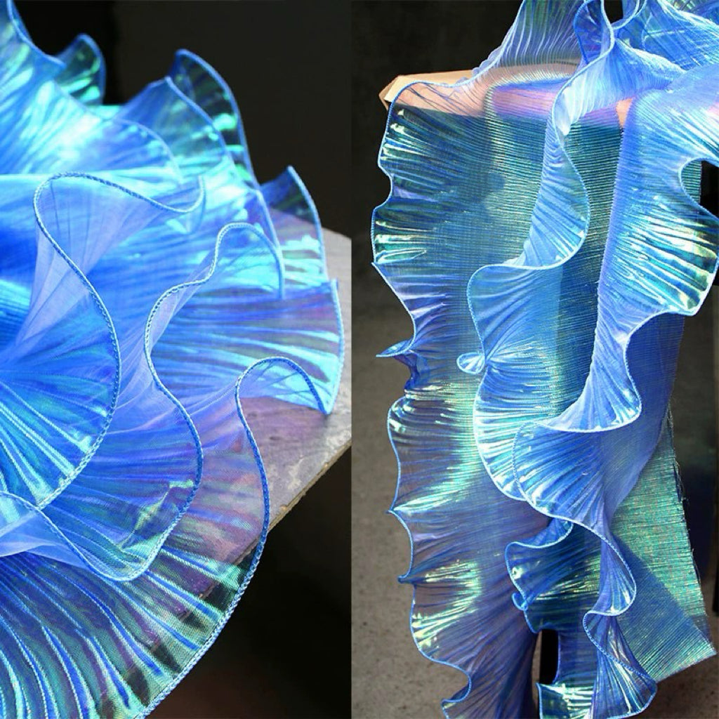 Enchanted Mermaid Organza – Iridescent Gradient with 3D Pleats & Scalloped Lace - Mermaid’s Deep