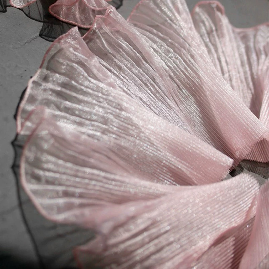 Enchanted Mermaid Organza – Iridescent Gradient with 3D Pleats & Scalloped Lace - Light Pink