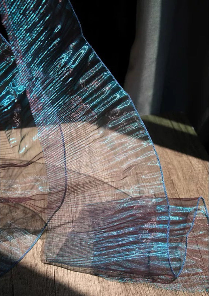 Enchanted Mermaid Organza – Iridescent Gradient with 3D Pleats & Scalloped Lace - Bohemian Blue