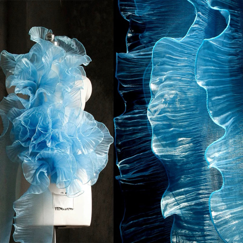 Enchanted Mermaid Organza – Iridescent Gradient with 3D Pleats & Scalloped Lace - Light Blue
