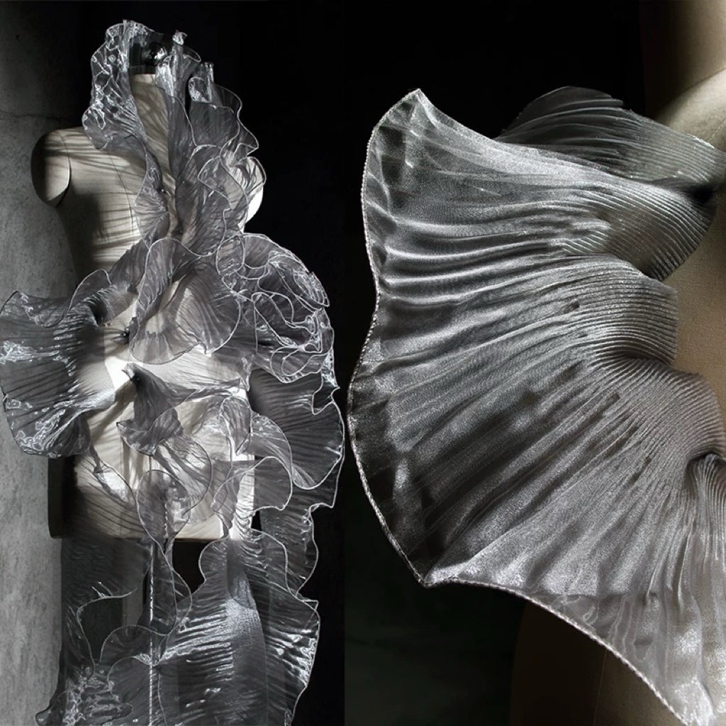 Enchanted Mermaid Organza – Iridescent Gradient with 3D Pleats & Scalloped Lace - Grey