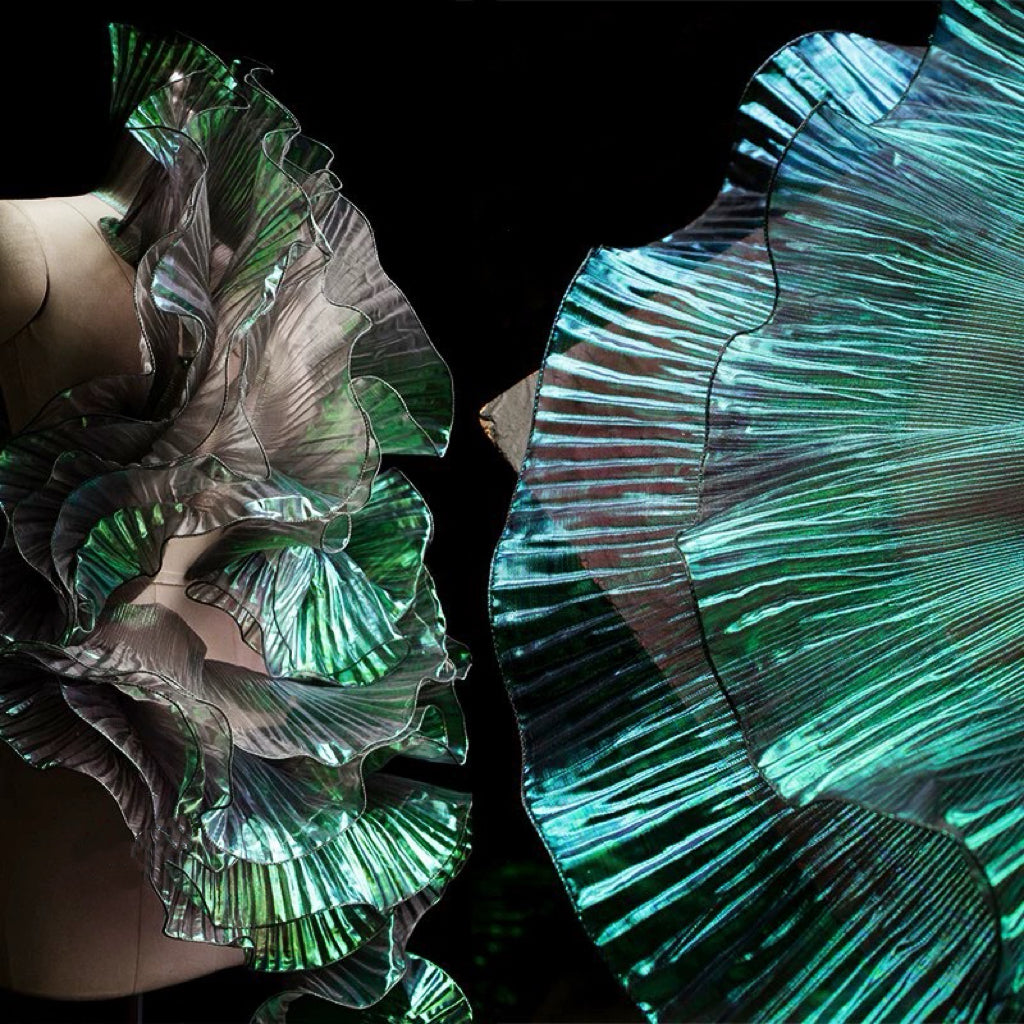 Enchanted Mermaid Organza – Iridescent Gradient with 3D Pleats & Scalloped Lace - Black Iridescent