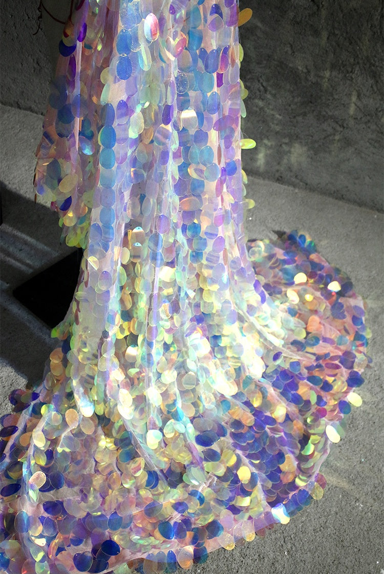 Mermaid Prism Iridescent Sequin Mesh – High-Density Laser-Cut Fish Scale Fabric