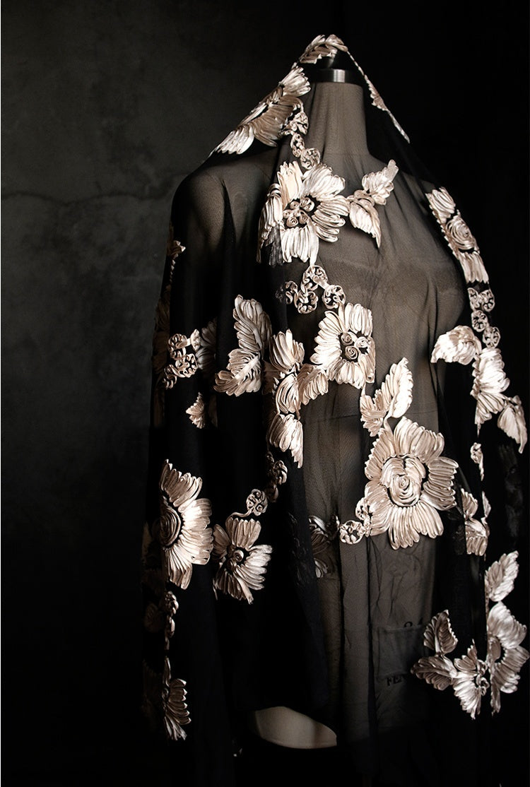 Elegant 3D Floral Embroidered Sheer Lace Fabric – Designer Textile