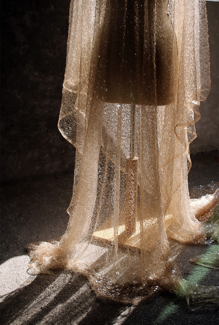 Amber Italian Original Embroidered Sheer Glittering Gold Sequin Fabric