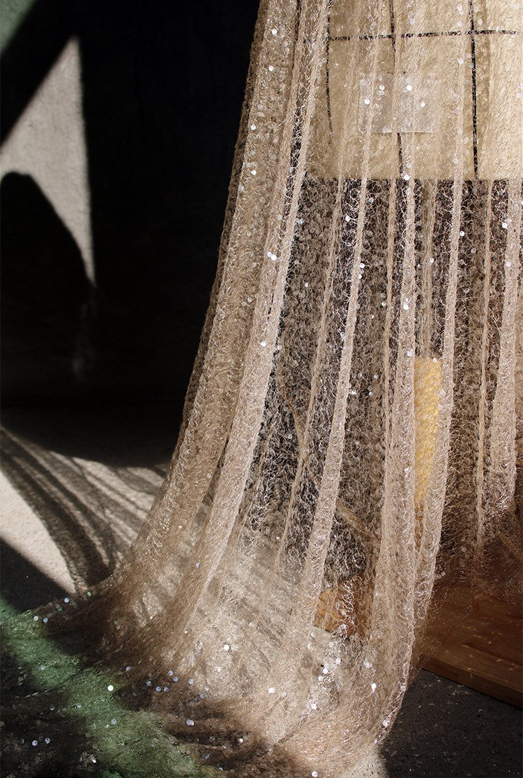 Amber Italian Original Embroidered Sheer Glittering Gold Sequin Fabric