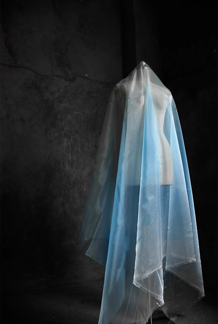 Gradient Blue Glossy Crystal Organza – Water-Inspired Sheer Fabric