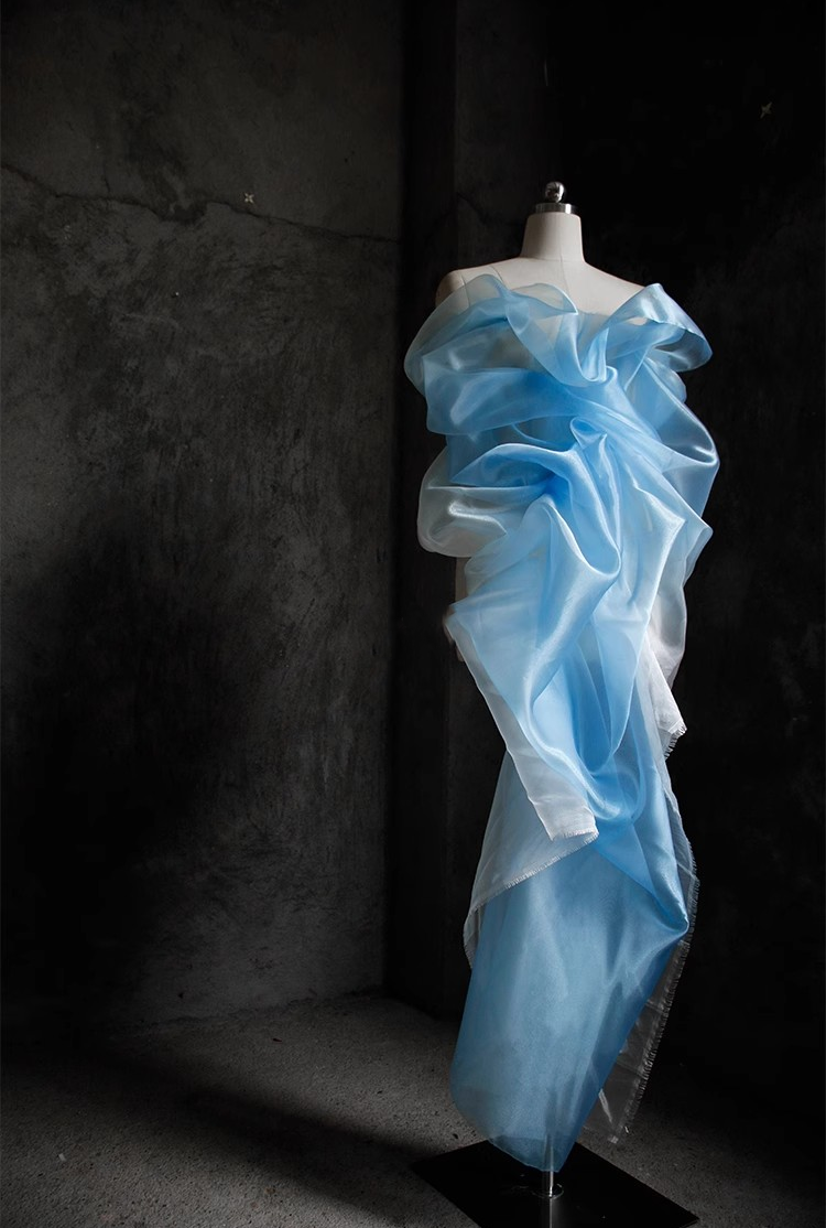 Gradient Blue Glossy Crystal Organza – Water-Inspired Sheer Fabric