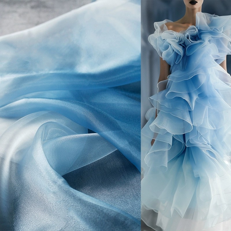 Gradient Blue Glossy Crystal Organza – Water-Inspired Sheer Fabric