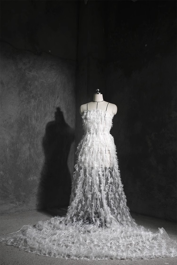Ethereal Feather Lace – Irregular Hollow White Mesh Fabric