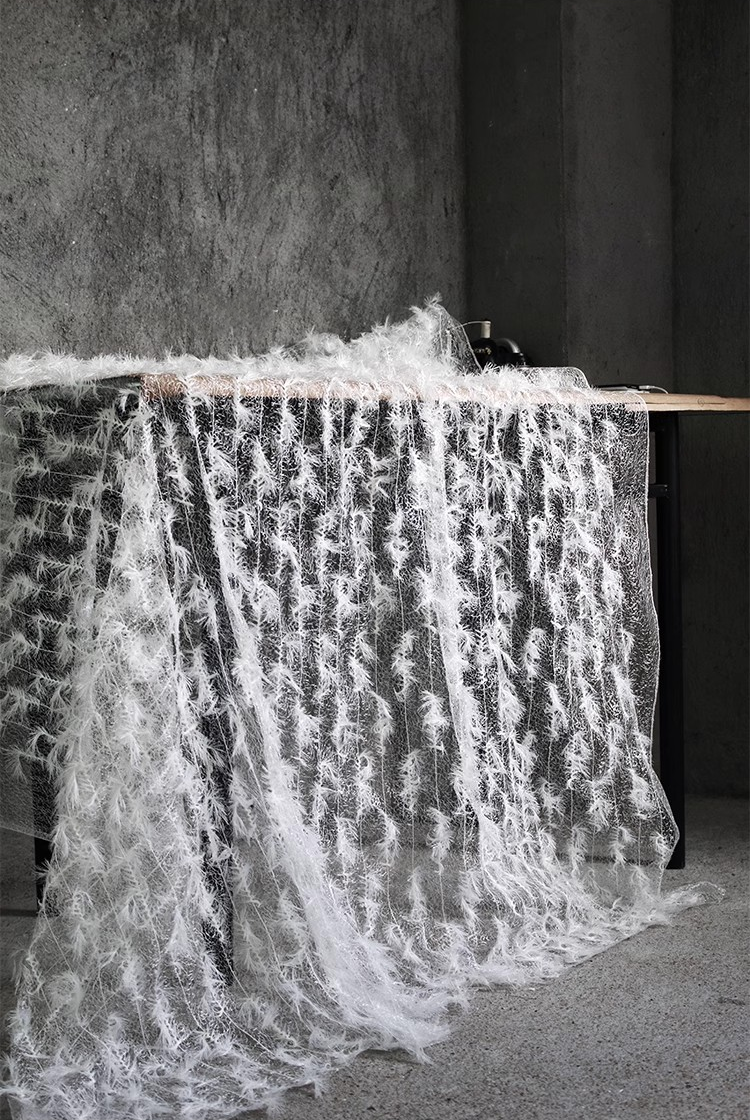 Ethereal Feather Lace – Irregular Hollow White Mesh Fabric