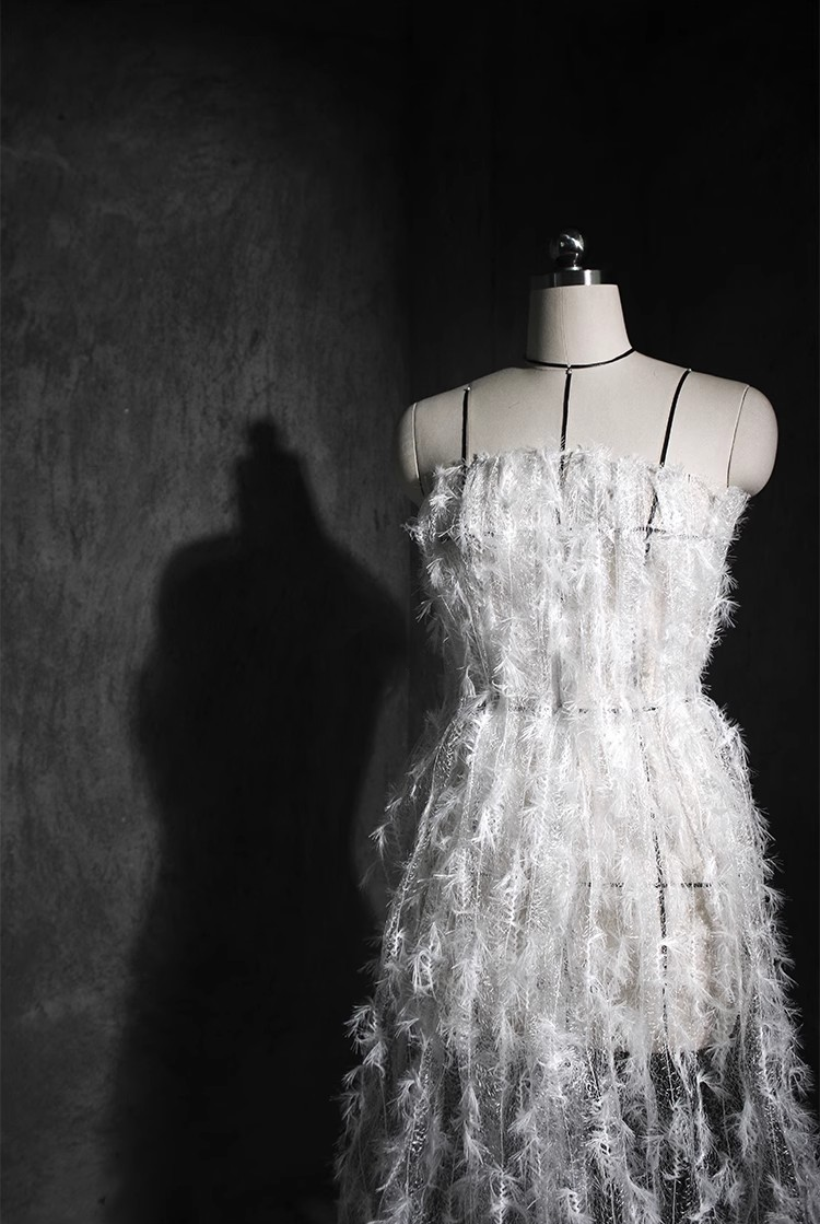 Ethereal Feather Lace – Irregular Hollow White Mesh Fabric