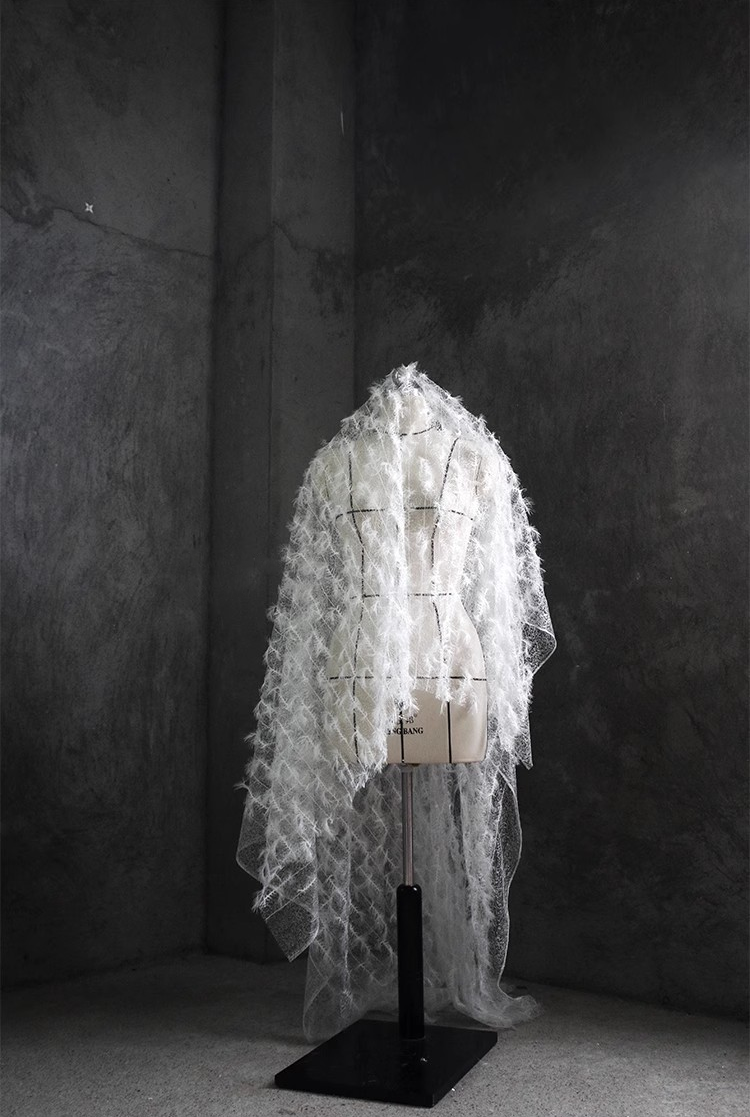 Ethereal Feather Lace – Irregular Hollow White Mesh Fabric