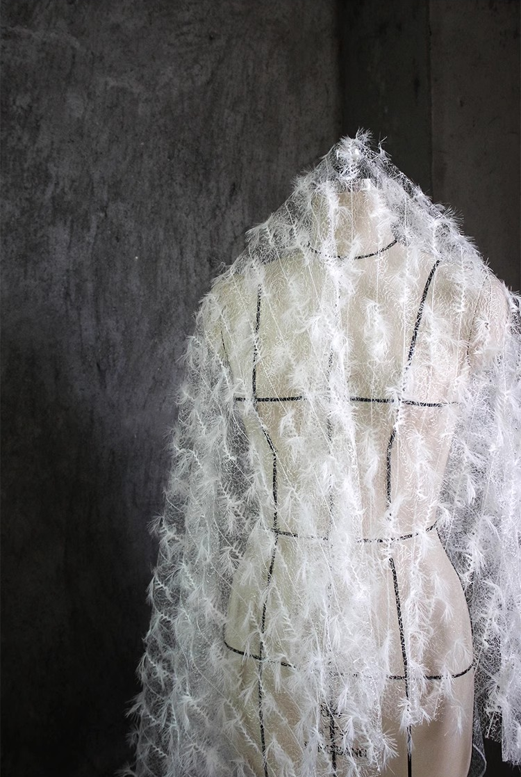 Ethereal Feather Lace – Irregular Hollow White Mesh Fabric