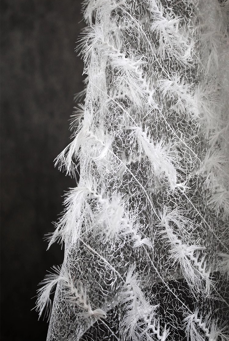 Ethereal Feather Lace – Irregular Hollow White Mesh Fabric