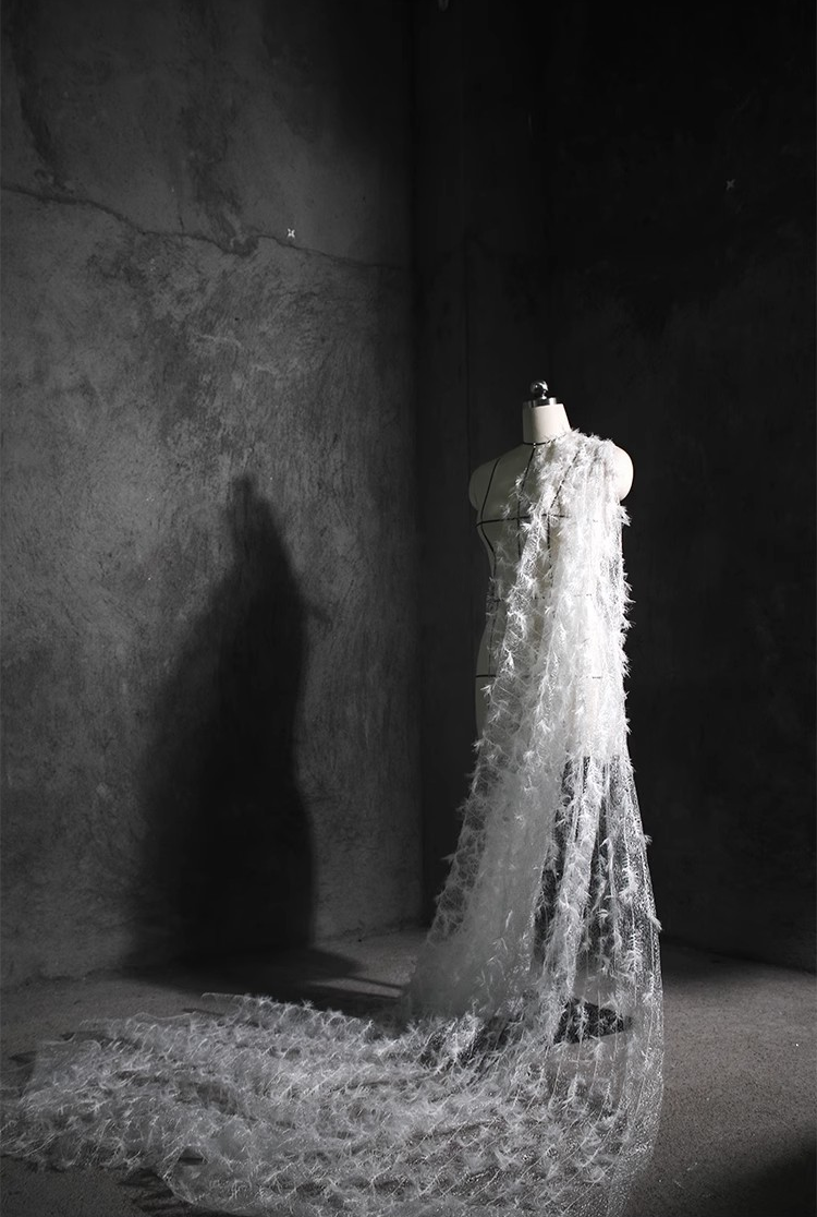 Ethereal Feather Lace – Irregular Hollow White Mesh Fabric
