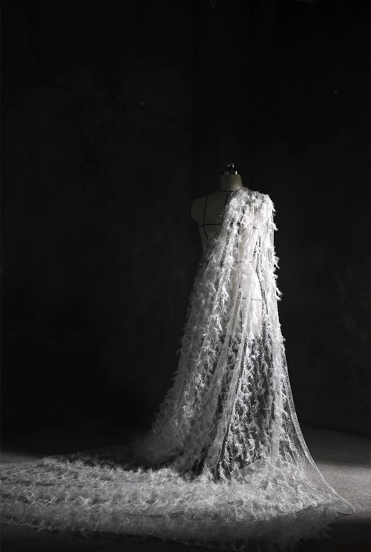 Ethereal Feather Lace – Irregular Hollow White Mesh Fabric