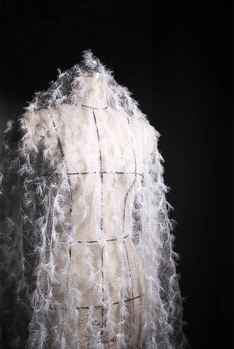 Ethereal Feather Lace – Irregular Hollow White Mesh Fabric