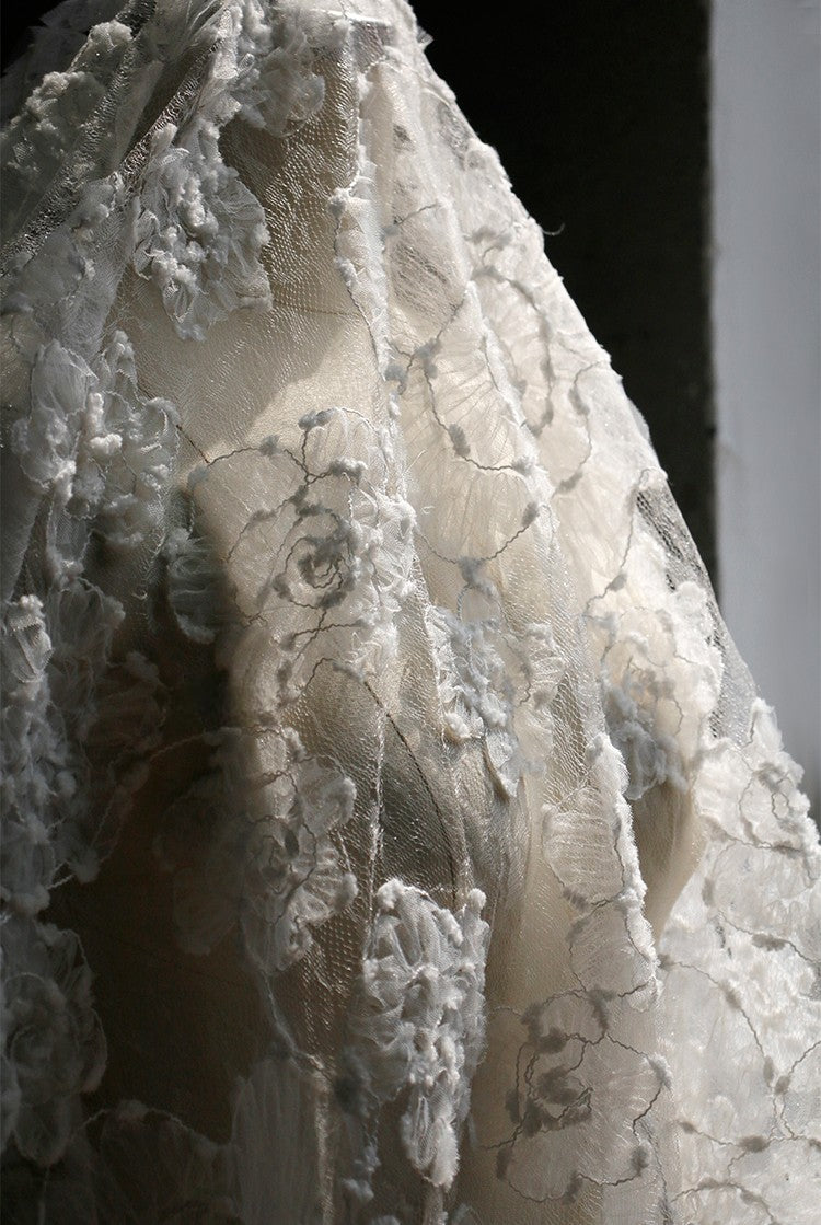 Irregular Floral Layered Lace Mesh – Dimensional Textured Sheer Fabric
