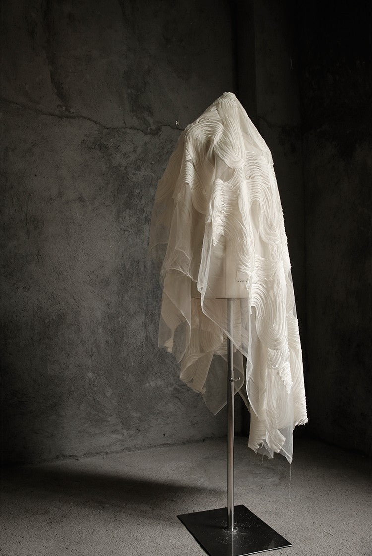 Terraced Beige 3D Textured Tulle – Sheer Fabric