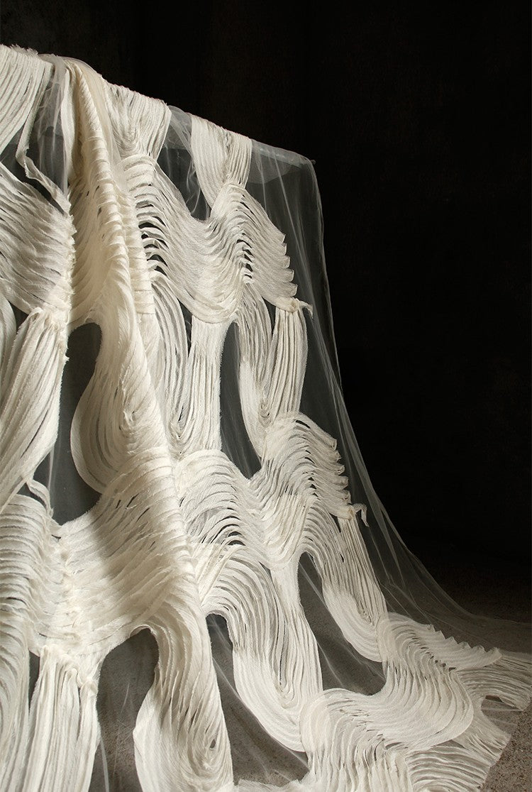 Terraced Beige 3D Textured Tulle – Sheer Fabric