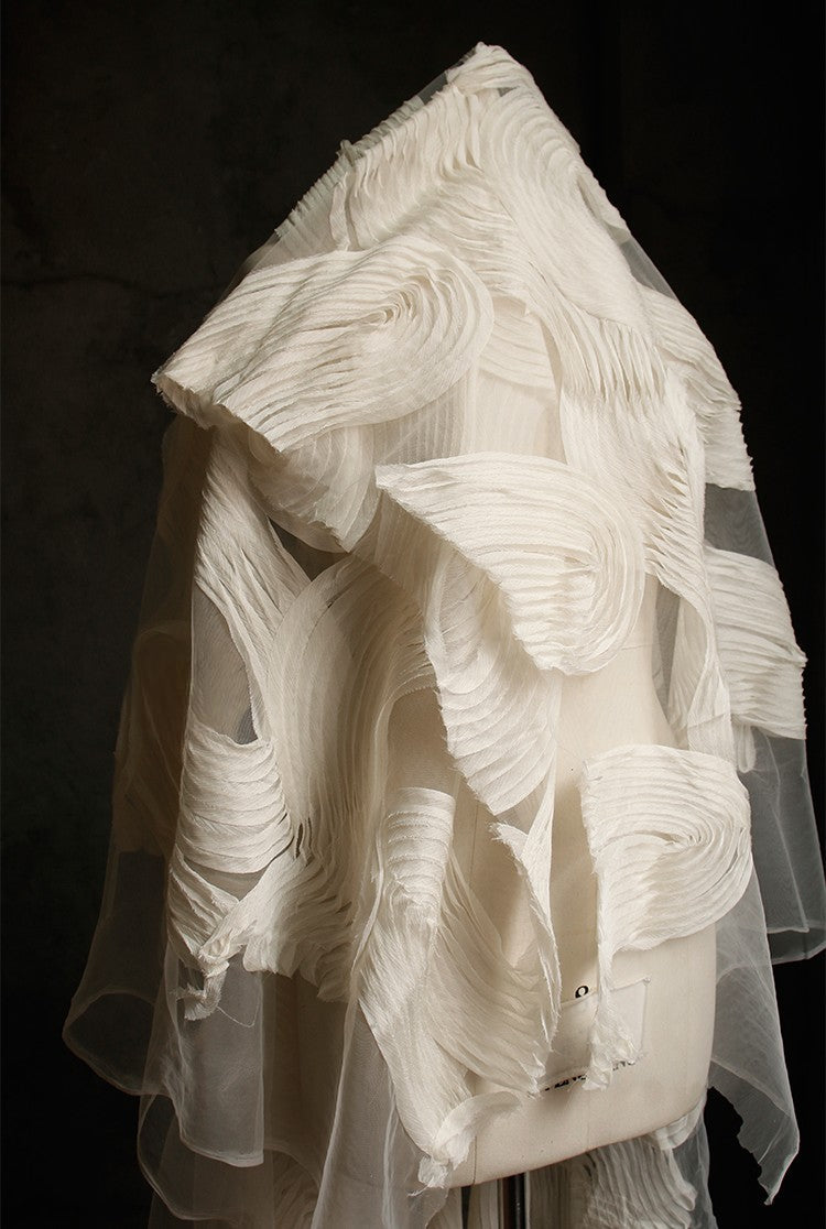 Terraced Beige 3D Textured Tulle – Sheer Fabric