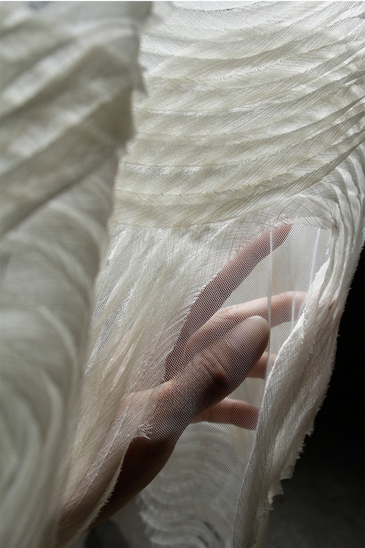 Terraced Beige 3D Textured Tulle – Sheer Fabric