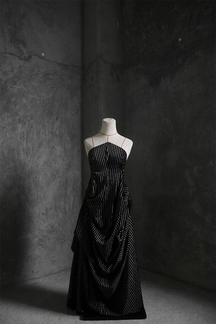 Matte Black Striped Velvet Fabric
