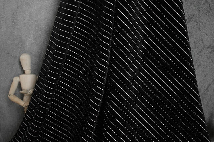 Matte Black Striped Velvet Fabric