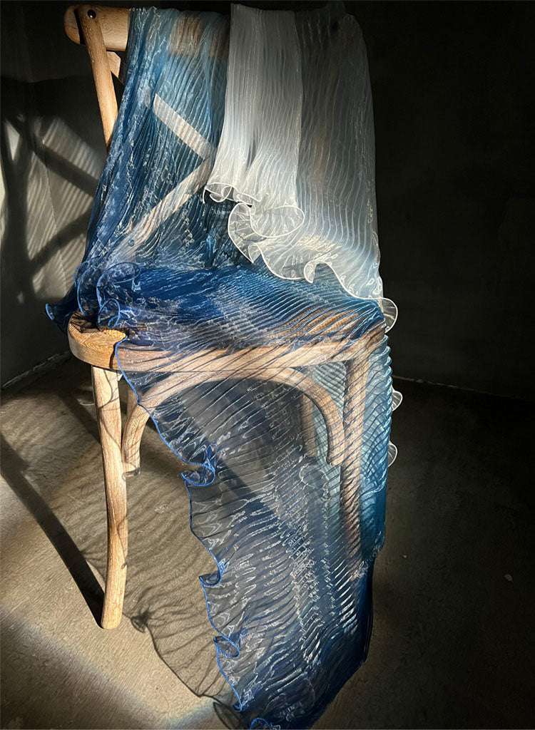 Blue Gradient Pleated Wave Laser Organza – Shimmering Pressed Fabric