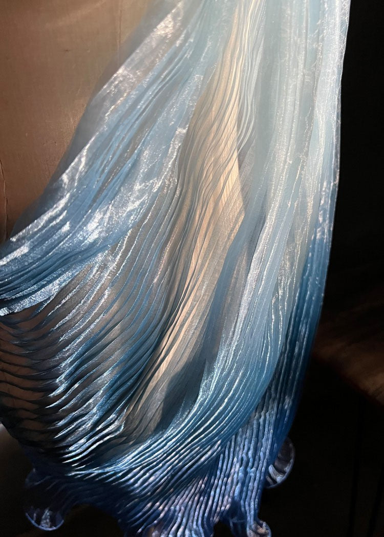 Blue Gradient Pleated Wave Laser Organza – Shimmering Pressed Fabric