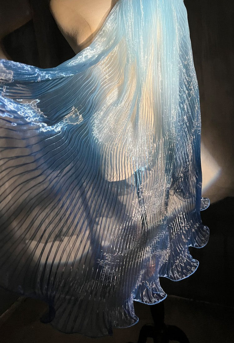 Blue Gradient Pleated Wave Laser Organza – Shimmering Pressed Fabric