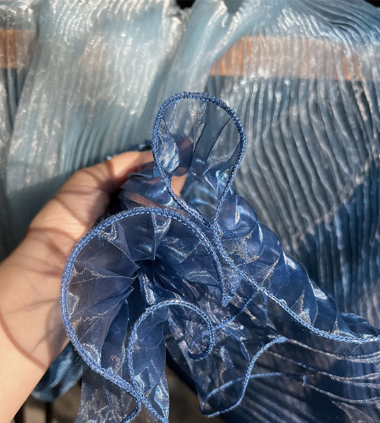 Blue Gradient Pleated Wave Laser Organza – Shimmering Pressed Fabric