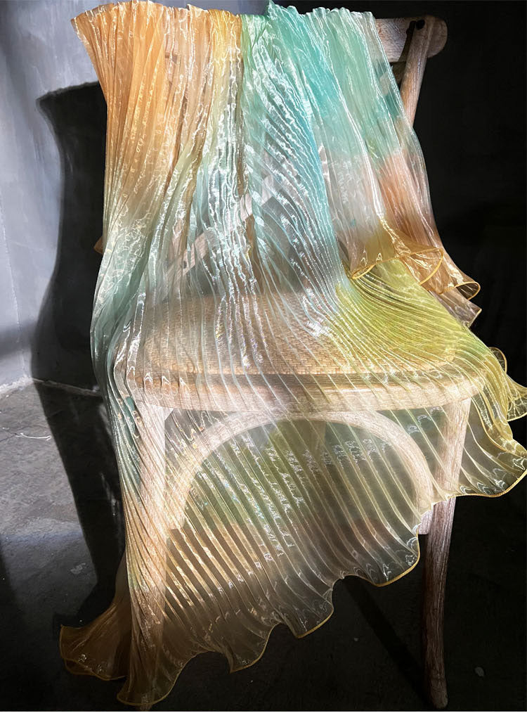 Blue Gradient Pleated Wave Laser Organza – Shimmering Pressed Fabric