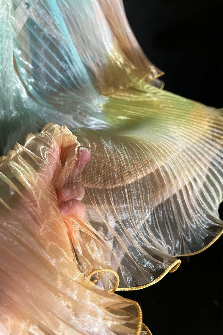 Blue Gradient Pleated Wave Laser Organza – Shimmering Pressed Fabric