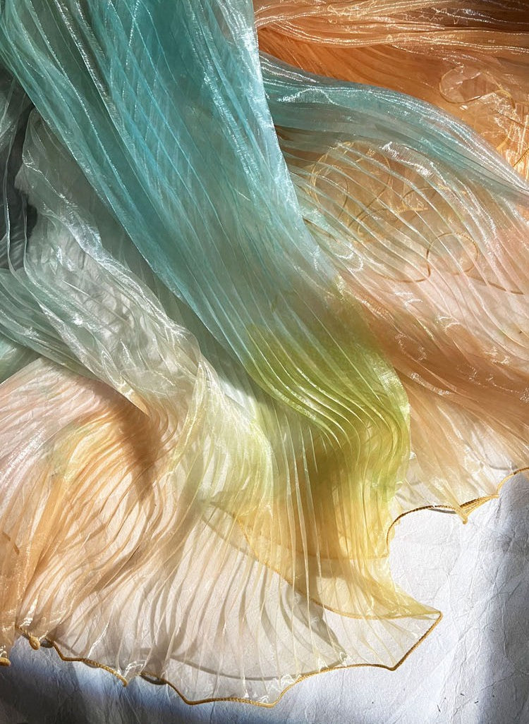Blue Gradient Pleated Wave Laser Organza – Shimmering Pressed Fabric