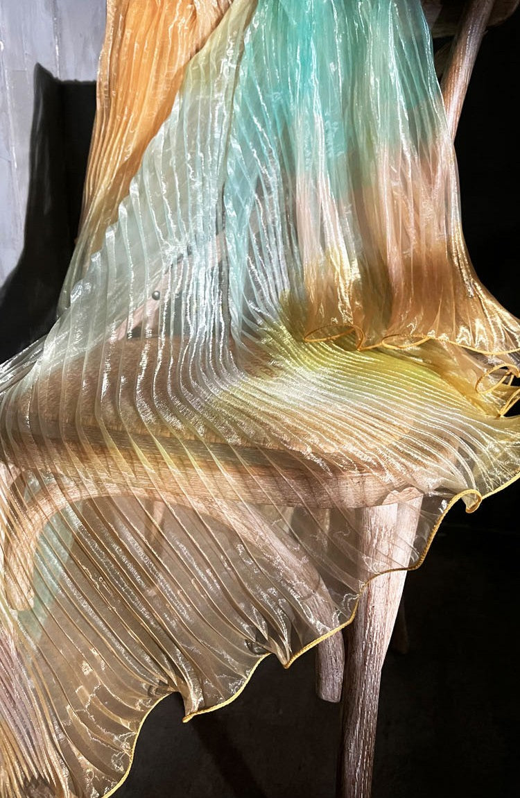 Blue Gradient Pleated Wave Laser Organza – Shimmering Pressed Fabric