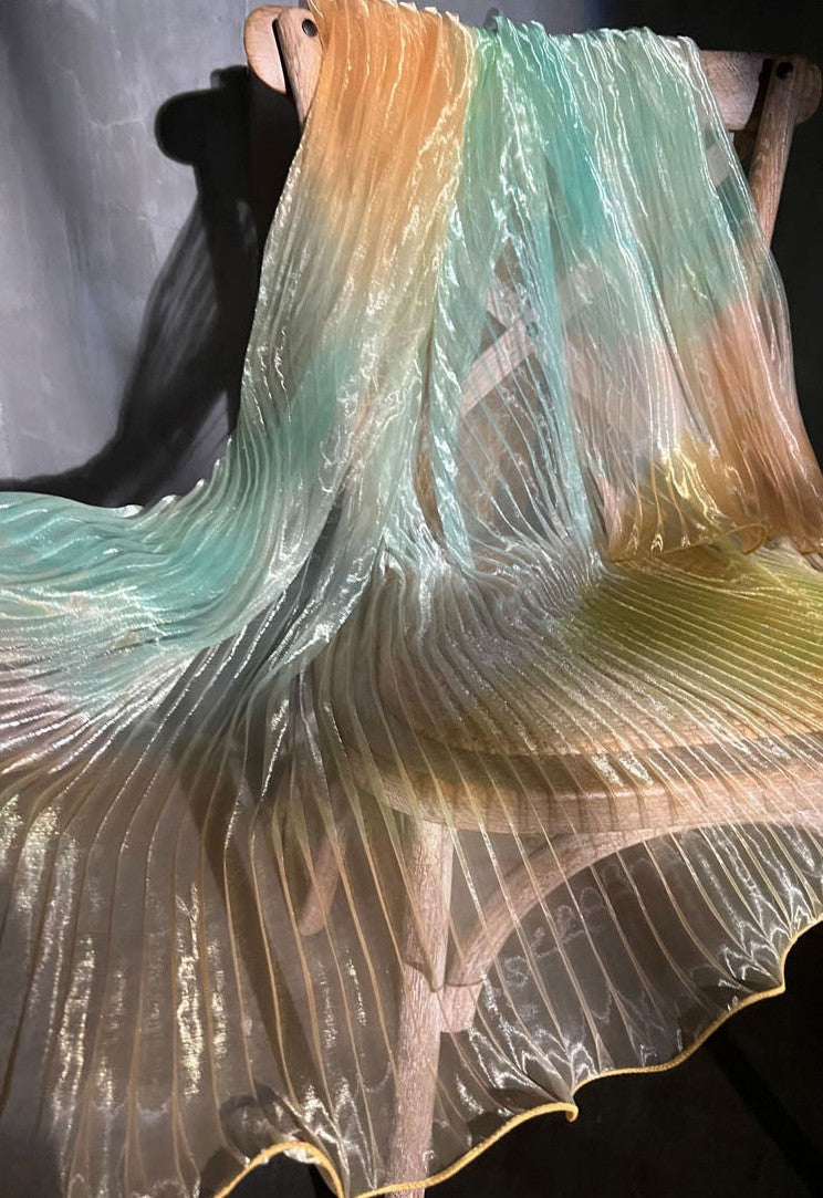Blue Gradient Pleated Wave Laser Organza – Shimmering Pressed Fabric