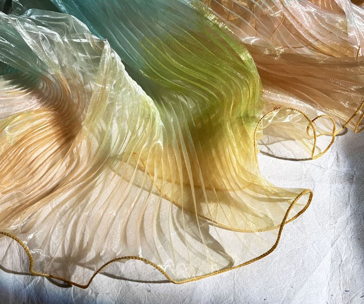 Blue Gradient Pleated Wave Laser Organza – Shimmering Pressed Fabric