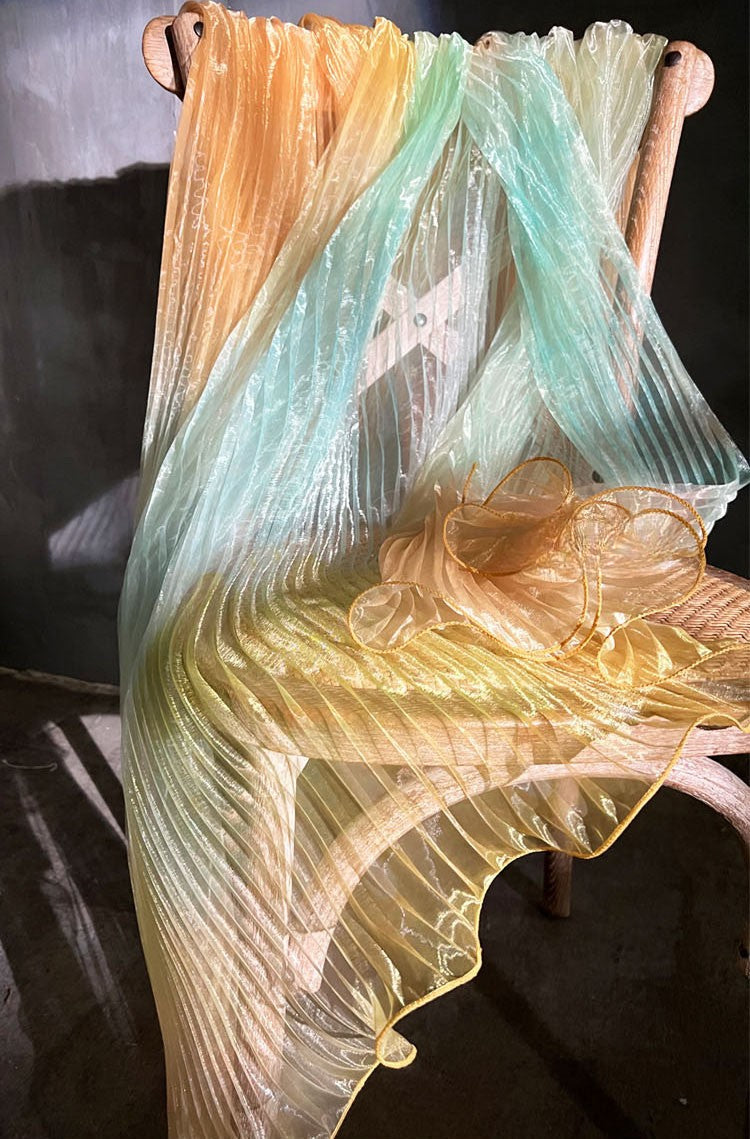 Blue Gradient Pleated Wave Laser Organza – Shimmering Pressed Fabric