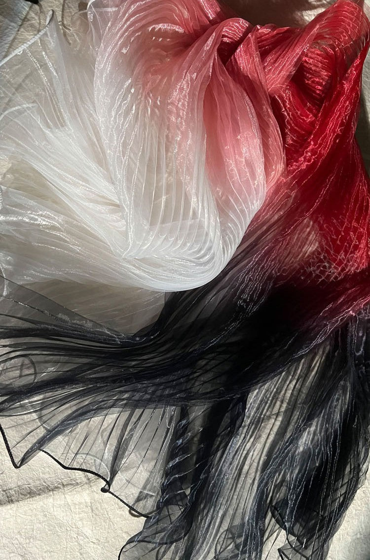 Blue Gradient Pleated Wave Laser Organza – Shimmering Pressed Fabric