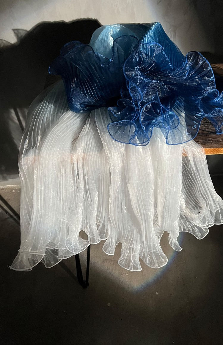 Blue Gradient Pleated Wave Laser Organza – Shimmering Pressed Fabric