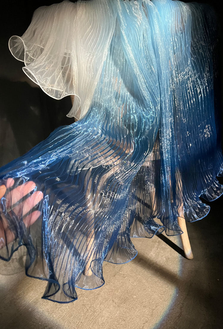 Blue Gradient Pleated Wave Laser Organza – Shimmering Pressed Fabric