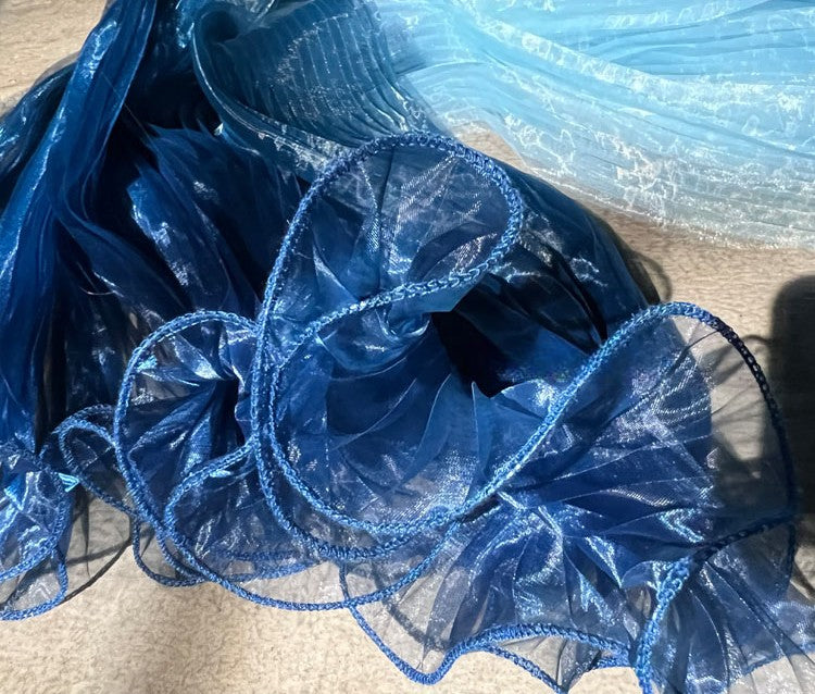 Blue Gradient Pleated Wave Laser Organza – Shimmering Pressed Fabric