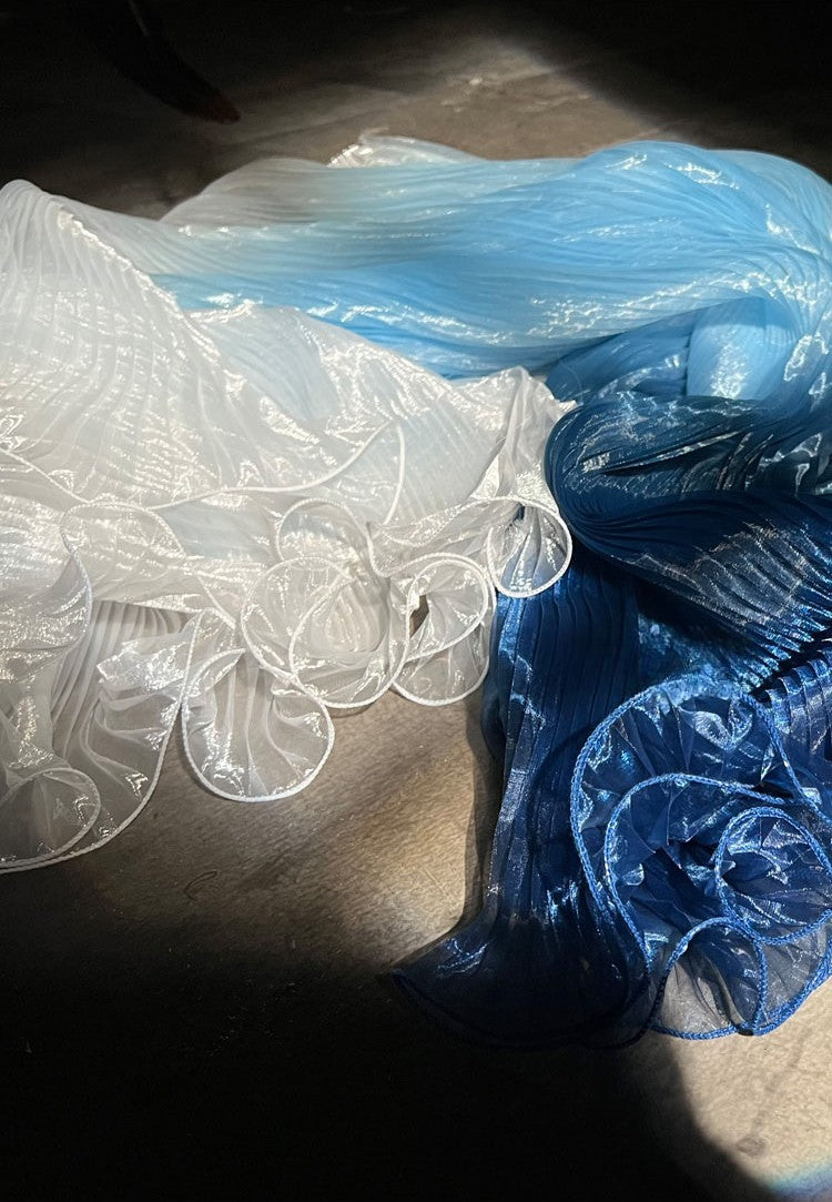 Blue Gradient Pleated Wave Laser Organza – Shimmering Pressed Fabric