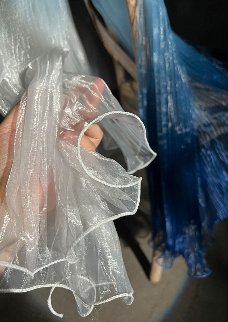 Blue Gradient Pleated Wave Laser Organza – Shimmering Pressed Fabric