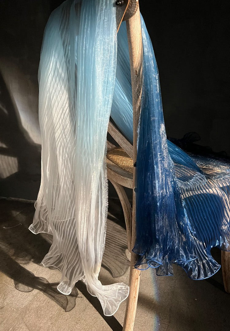 Blue Gradient Pleated Wave Laser Organza – Shimmering Pressed Fabric